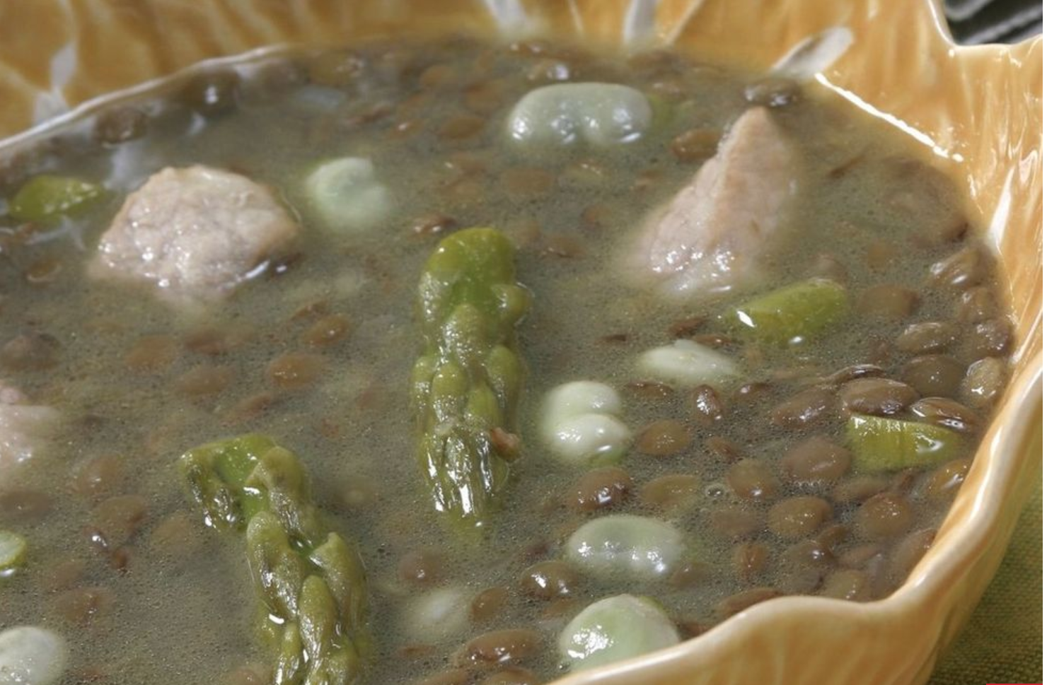 Ensalada de lechuga con cebolla y tomate con lentejas a la jardinera con magro de cerdo.